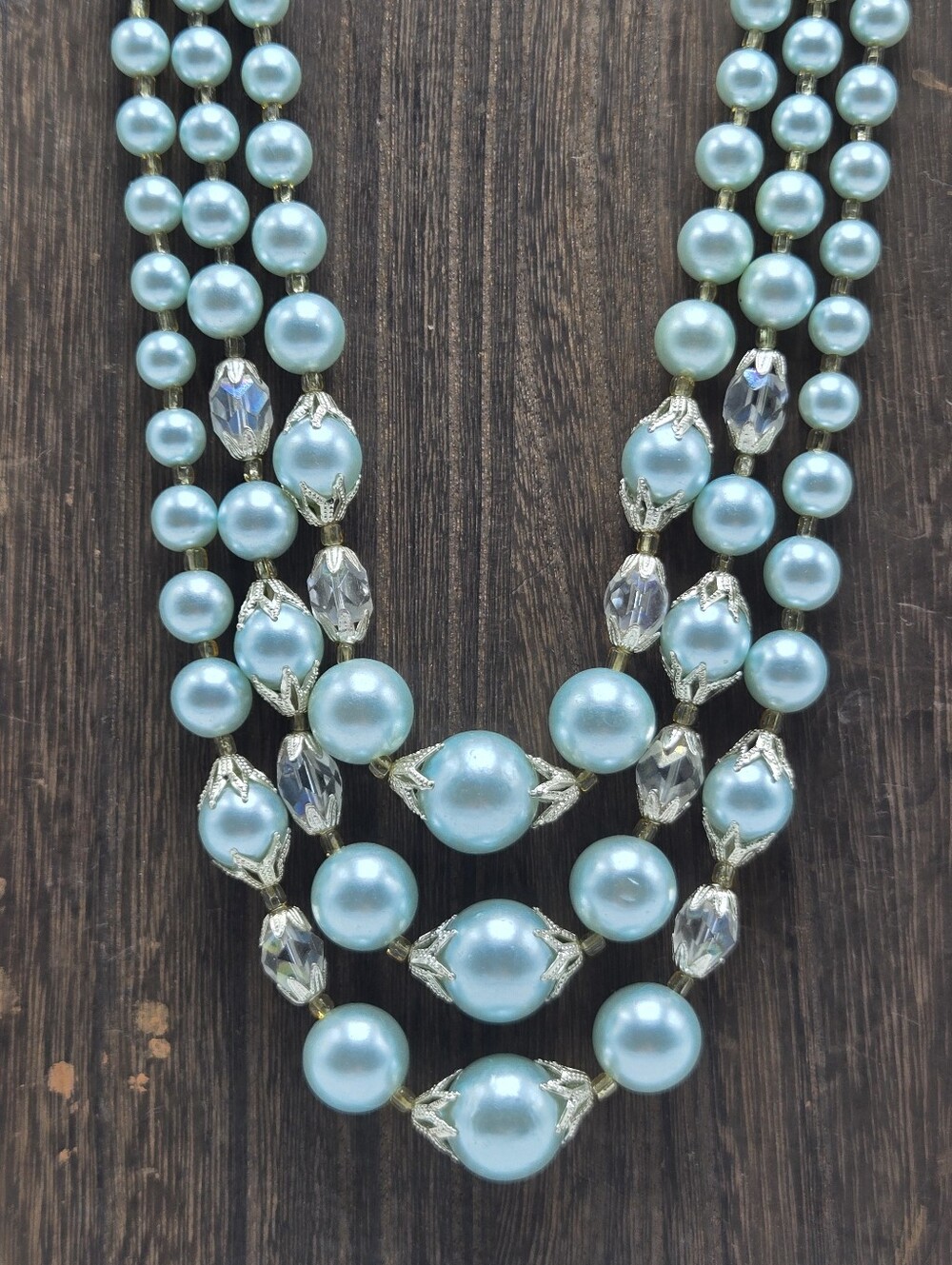60's Japan Signed Necklace Accent Ab Crystal Triple Strand Necklace Mint Green